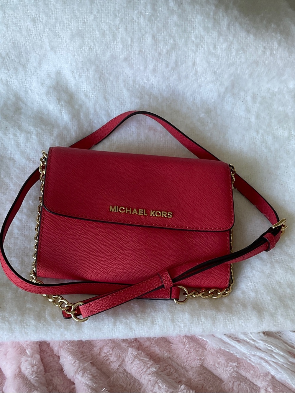 Michael Kors Pink Saffiano Leather Chain-Trim Crossbody